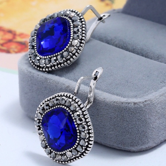 Jewelry - 925 Silver Stamped Blue Crystal Clip Back Earrings